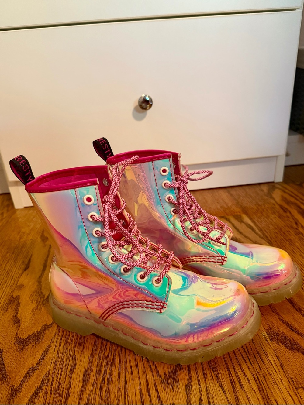 Iridescent Pink Holographic Lace-Up Boots